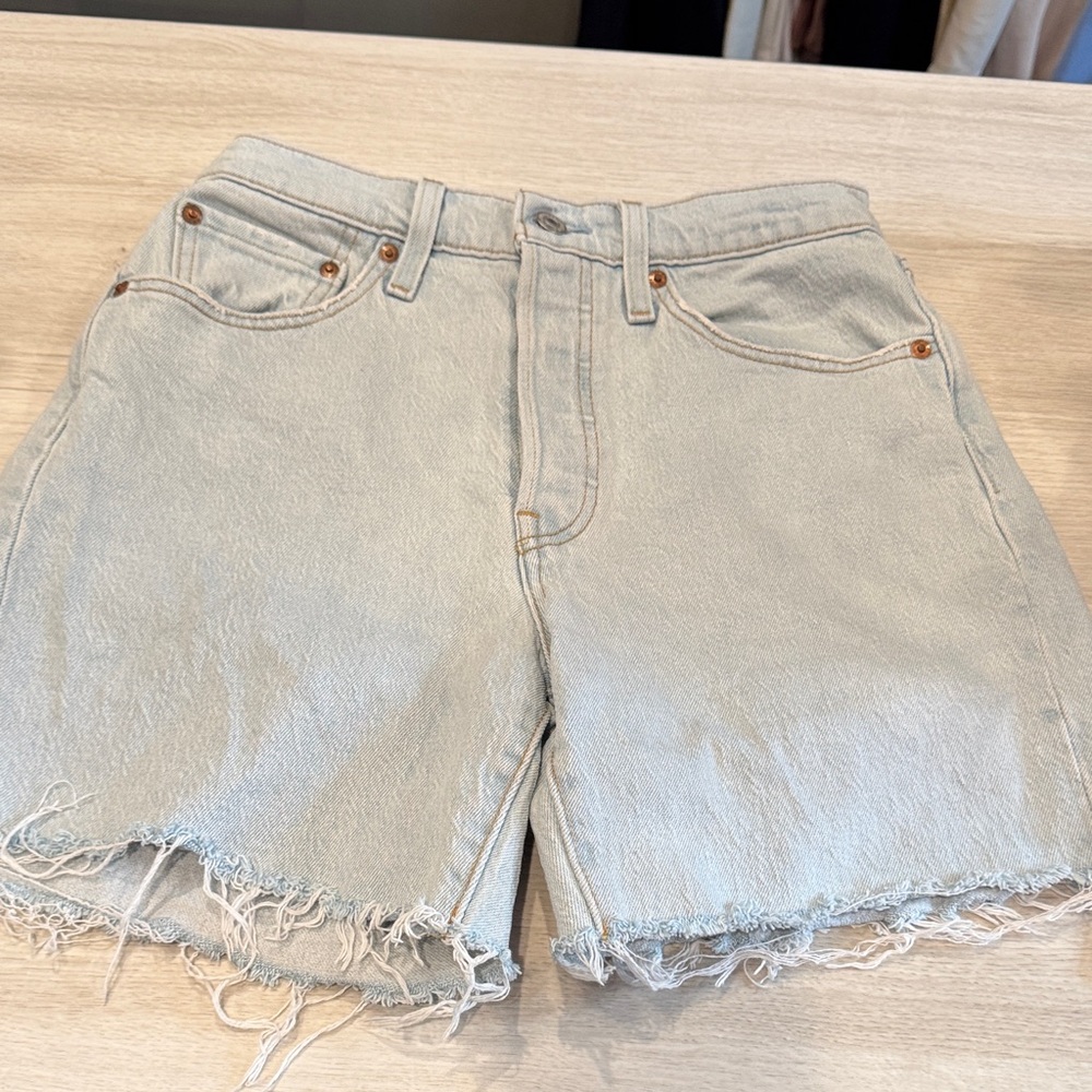 Levi's Light Blue long Frayed Jean Shorts